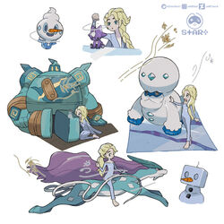  blonde_hair blue_eyes braid commentary creature eiscue elsa_(frozen) english_commentary female frozen_(disney) frozen_2 galarian_darmanitan galarian_form gen_2_pokemon gen_5_pokemon gen_8_pokemon golurk highres long_hair multiple_views pokemon pokemon_(creature) ponytail signature simple_background standing startboii suicune tied_hair toxel vanillite white_background 