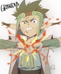  1boy brown_eyes clenched_hands clenched_teeth copyright_name facial_mark grandia grandia_i headband kurita_shin&#039;ichi looking_at_viewer male_focus pointy_ears punching rapp_(grandia) solo teeth whisker_markings 