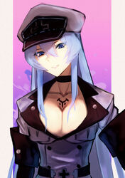  akame_ga_kill! blue_eyes blue_hair breasts chest_tattoo choker cleavage commentary esdeath female hair_between_eyes haku076 hat highres large_breasts long_hair looking_at_viewer military military_uniform open_mouth peaked_cap simple_background smile solo tattoo thighhighs uniform very_long_hair 