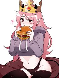  black_nails black_panties black_thighhighs breasts burger burger_king claws company_name copyright_notice crop_top cropped_hoodie demon_girl demon_horns demon_tail ear_piercing fast_food female fingernails food freckles hair_ornament hairclip highres holding holding_food hood hoodie horns june_(megrocks) long_hair midriff navel original panties piercing pink_hair pointy_ears red_eyes rukiadaichi solo sweater tail thighhighs underwear 