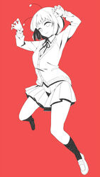  alien_alien_(vocaloid) andromedako antenna_hair blunt_bangs bob_cut buttons cardigan claw_pose commentary curled_fingers female greyscale_with_colored_background highres jumping looking_at_viewer monochrome nayutalien nayutan_sei_kara_no_buttai neck_ribbon pleated_skirt red_background ribbon short_hair shuuhei_(shoohey) skirt smile socks solo spread_legs v-shaped_eyebrows 