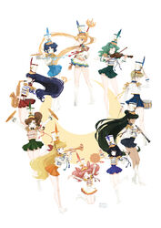  6+girls ;p adapted_costume aiguillette aino_minako alto_saxophone arm_at_side arms_up band_uniform bishoujo_senshi_sailor_moon black_hair blonde_hair blue_dress blue_eyes blue_hair boots breasts brown_hair buttons chibi_usa chin_strap circle_formation closed_eyes cone_hair_bun crescent cropped_jacket cymbals dark-skinned_female dark_skin double-breasted double_bun dress drum drum_major drumsticks epaulettes floating_hair flute green_dress green_eyes green_hair hair_bun hair_ribbon half_updo hand_on_own_hip hand_up hands_up hat high_heel_boots high_heels highres hino_rei holding holding_drumsticks holding_instrument holding_violin hong_yun_ji horn_(instrument) instrument jacket jumping kaiou_michiru kino_makoto knee_boots leaning_forward leg_up legs_together long_hair long_sleeves looking_at_viewer looking_back majorette marching_band marching_band_baton meiou_setsuna mizuno_ami multiple_girls music oboe one_eye_closed orange_dress parted_bangs pink_hair playing_instrument pleated_dress pleated_skirt profile purple_dress purple_eyes red_dress red_ribbon ribbon shako_cap short_dress short_hair side_ponytail single_hair_bun skirt smile snare_drum standing tambourine tassel ten&#039;ou_haruka tomoe_hotaru tongue tongue_out triangle_(instrument) trumpet tsukino_usagi twintails very_long_hair violin wavy_hair white_background white_dress white_footwear white_headwear white_jacket wrist_cuffs 