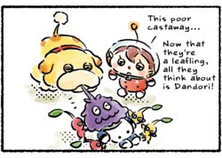  ambiguous_gender border colored comic_panel elemental_creature english_text female feral flora_fauna fur group humanoid karutian_(pikmin) kino_takahashi leaf leafling_(pikmin) male nintendo oatchi_(pikmin) pikmin pikmin_(species) plant pom-lisa_(pikmin) purple_body purple_fur red_body red_pikmin space_dog_(pikmin) spacesuit tail text trio_focus white_border yellow_body yellow_pikmin 