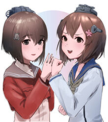  2girls blue_sailor_collar brown_eyes brown_hair commentary dress dual_persona flower grey_neckerchief grey_sailor_collar hair_flower hair_ornament headgear highres kantai_collection long_sleeves multiple_girls neckerchief open_mouth red_neckerchief red_shirt sailor_collar sailor_dress sailor_shirt sakieko shirt short_hair simple_background tan_yang_(kancolle) yukikaze_(kancolle) yukikaze_kai_ni_(kancolle) 