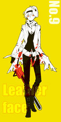  1boy blood blood_stain bookcage boots chainsaw coat commentary_request cosplay gloves kagerou_project konoha_(kagerou_project) leatherface leatherface_(cosplay) long_hair male_focus mask orange_eyes short_ponytail solo the_texas_chainsaw_massacre torn_clothes torn_coat 