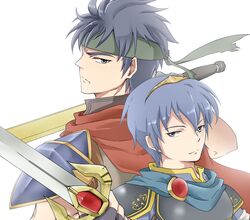  2boys armor bad_id bad_pixiv_id blue_eyes blue_hair cape falchion_(fire_emblem) fire_emblem fire_emblem:_mystery_of_the_emblem fire_emblem:_path_of_radiance gloves headband ike_(fire_emblem) koineko_(aph0310) male_focus marth_(fire_emblem) multiple_boys ragnell smile super_smash_bros. sword tiara weapon white_background 