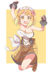  :d absurdres blonde_hair blush breasts commentary_request endro! fai_fai female fingerless_gloves full_body gloves hairband highres jumping karahai_(31448823) large_breasts multicolored_hair open_mouth short_hair shorts simple_background smile solo spiked_knuckles strapless two-tone_hair yellow_eyes 