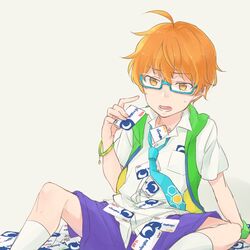  1boy ahoge aoi_kyosuke blue-framed_eyewear blue_necktie bracelet commentary_request gift_card glasses hexagon hood hooded_vest hoodie idolmaster idolmaster_side-m jewelry looking_down male_focus nakasaka_sakana necktie open_mouth orange_eyes orange_hair socks solo sweatdrop vest wristband 