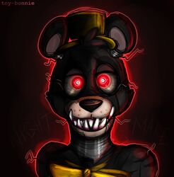  animatronic bear black_body black_fur five_nights_at_freddy&#039;s five_nights_at_freddy&#039;s_4 fur glowing glowing_eyes looking_at_viewer machine mammal nightmare_(fnaf) red_eyes robot scottgames solo toy-bonnie 