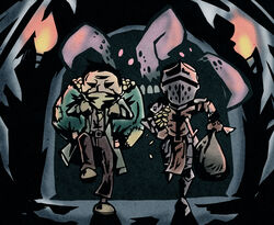  2boys armor bag castle_of_cagliostro commentary crusader_(darkest_dungeon) darkest_dungeon english_commentary facing_viewer flying_sweatdrops full_armor gold helmet highwayman_(darkest_dungeon) holding holding_bag lupin_iii money_bag multiple_boys pants parody photoshop_(medium) running sack setz tabard torch 