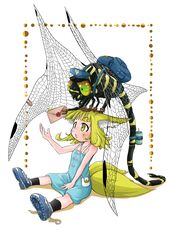  :o absurdres animal animal_ears backpack bag bandaid_on_wing bare_shoulders black_legwear blonde_hair blue_dress blue_footwear bug clothed_animal commentary_request doitsuken dragonfly dragonfly_wings dress female fox_child_(doitsuken) fox_ears fox_tail hat highres holding holding_letter letter lolicon mailman multiple_tails original outstretched_arm oversized_animal shoes short_hair tail thick_eyebrows torii two_tails untied_footwear yellow_eyes 