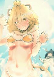  2girls absurdres animal_ears antlers bare_arms bare_shoulders bikini black_bikini black_hair blonde_hair blood blush breasts commentary covered_nipples detached_collar fur_collar grey_hair grin hair_between_eyes hands_up highres horns kemono_friends lion_(kemono_friends) lion_ears lion_tail long_hair looking_at_viewer looking_down medium_breasts medium_hair moose_(kemono_friends) moose_ears multiple_girls navel nose_blush nosebleed orange_bikini orange_eyes parted_lips paw_pose reborns skindentation smile solo_focus standing stomach sweat swimsuit tail underboob upper_body 