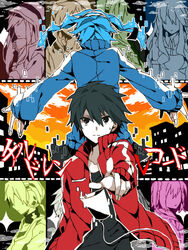  3girls 4boys back back-to-back black_eyes black_hair blue_hair cellphone children_record_(vocaloid) city_lights cityscape commentary_request ene_(kagerou_project) headphones hood hoodie kagerou_project kano_shuuya kido_tsubomi kisaragi_momo kisaragi_shintarou konoha_(kagerou_project) kozakura_marry long_hair looking_at_viewer multiple_boys multiple_girls phone photoshop_(medium) pointing pointing_at_viewer ponytail serious seto_kousuke short_hair side_ponytail smartphone sweatdrop sweater twintails wonoco0916 