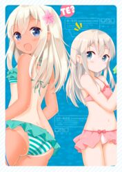  2girls bikini bikini_skirt blonde_hair blue_eyes commentary_request dual_persona flower frilled_bikini frills hair_flower hair_ornament kantai_collection long_hair multiple_girls one-piece_tan ro-500_(kancolle) swimsuit tan tanlines u-511_(kancolle) water_gun yoshikita_popuri 