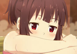  black_hair blurry blush brown_hair close-up commentary crossed_arms depth_of_field female kono_subarashii_sekai_ni_shukufuku_wo! megumin photoshop_(medium) ponytail red_eyes short_hair solo tomato_(lsj44867) wet 