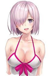  bare_shoulders breasts cleavage collarbone commentary_request fate/grand_order fate_(series) female hair_over_one_eye highres looking_at_viewer mash_kyrielight mash_kyrielight_(swimsuit_of_perpetual_summer) medium_breasts official_alternate_costume open_mouth purple_eyes purple_hair shinno short_hair simple_background smile solo white_background 