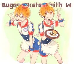  2boys aoi_kyosuke aoi_yusuke apron brothers burger burger_skater_(idolmaster) commentary_request crossdressing food from_above glasses group_name hand_on_own_thigh headset idolmaster idolmaster_side-m looking_at_viewer male_focus multiple_boys nakasaka_sakana orange_eyes orange_hair plate siblings star_(symbol) tray twins v w_(idolmaster) waist_apron waitress wrist_cuffs 