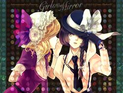  2girls adapted_costume album_cover alternate_costume artist_name belt black_gloves blonde_hair bow braid brown_eyes brown_hair commentary_request cover dress english_text flower gloves hair_ornament hair_over_one_eye hairbow hat hat_flower hat_ribbon hatsunetsumiko&#039;s long_sleeves maribel_hearn mob_cap mochinue multiple_girls necktie parted_lips profile puffy_sleeves purple_dress ribbon shirt short_hair short_sleeves side_braid single_braid touhou usami_renko whispering white_gloves 