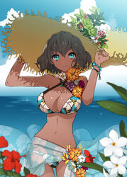  bikini blue_eyes blurry bracelet breasts brown_hair cleavage cloud commentary_request cowboy_shot dark-skinned_female dark_skin day depth_of_field earrings female floral_print flower halterneck hands_on_headwear hat hibiscus jewelry large_breasts looking_at_viewer lowleg lowleg_bikini mami_(apsaras) navel o-ring o-ring_top ocean original outdoors plumeria print_bikini sarong see-through short_hair sky smile solo straw_hat swimsuit water 