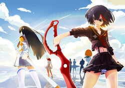  3boys 4girls bad_id bad_pixiv_id black_hair blue_sky cloud croya_aso day epaulettes gamagoori_ira inumuta_houka jakuzure_nonon katana kill_la_kill kiryuuin_satsuki long_hair mankanshoku_mako matoi_ryuuko multiple_boys multiple_girls panties pantyshot photoshop_(medium) sanageyama_uzu scissor_blade_(kill_la_kill) senketsu short_hair sky striped_clothes striped_panties sword thighhighs underwear weapon 