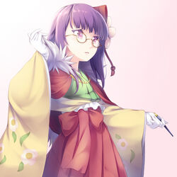  agatha_chris_q_outfit_(touhou) bespectacled capelet commentary_request cowboy_shot female floral_print flower forbidden_scrollery fur_trim glasses gloves hair_flower hair_ornament hakama hakama_skirt hieda_no_akyuu holding holding_pen japanese_clothes kimono long_sleeves midorino_eni parted_lips pen purple_eyes purple_hair red-framed_eyewear right-over-left_kimono round_eyewear skirt solo touhou white_gloves wide_sleeves 