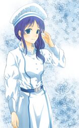  bad_id bad_pixiv_id blue_eyes blue_hair female hat highres hiradaira_chisaki long_hair nagi_no_asukara nurse solo uniform whitebk 