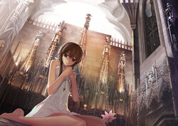  ahoge barefoot brown_eyes brown_hair commentary_request dress female flower legs long_hair original paku photoshop_(medium) sitting solo 