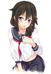  :o black_hair blue_eyes blush bra braid commentary_request cosplay female hair_flaps hair_ornament highres inazuma_(kancolle) inazuma_(kancolle)_(cosplay) kantai_collection midriff navel sarfata school_uniform see-through shigure_(kancolle) shigure_kai_ni_(kancolle) single_braid solo sweat underwear wet wet_clothes 