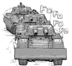  3boys cannon caterpillar_tracks commentary_request earth_federation greyscale gundam gundam_ms_igloo looking_at_viewer military military_vehicle monochrome motor_vehicle multiple_boys nib_pen_(medium) orzer sound_effects tank traditional_media type_61_(gundam) 