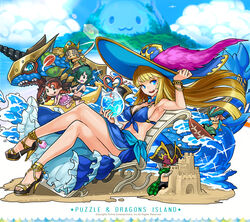  3boys 3girls :d anne_&amp;_mary_(p&amp;d) awilda_(p&amp;d) bartholomew_(p&amp;d) beach bikini blackbeard_(p&amp;d) blonde_hair blue_bikini blue_eyes breasts captain_kidd_(p&amp;d) chibi cleavage crossed_legs day dragon hat high_heels highres hino_shinnosuke large_breasts long_hair multiple_boys multiple_girls official_art open_mouth pirate_hat puzzle_&amp;_dragons sand_castle sand_sculpture simple_background sitting smile solo_focus star_(symbol) sun_hat surfboard surfing swimsuit tamadra water waves white_background 