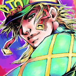  blonde_hair bow cogdis crosshatching diego_brando dmr-elk gradient gradient_background green_shirt hat highres jojo_no_kimyou_na_bouken male_focus multicolored_background shirt solo steel_ball_run strap turtleneck 