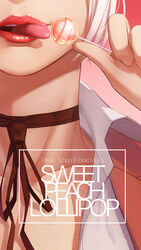  candy character_name choker close-up commentary_request female food highres light_smile lips lipstick lollipop makeup mouth_focus photoshop_(medium) prison_school red_background shiraki_meiko short_hair simple_background solo tongue tongue_out vocky white_hair 