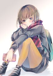  :t ass backpack bad_id bad_pixiv_id bag black_footwear black_sweater blue_eyes blush breath brown_hair cellphone closed_mouth commentary_request diagonal_stripes dress female hand_up highres holding holding_phone long_sleeves looking_at_viewer naoton orange_pantyhose original pantyhose phone pout scarf shoes sitting sleeves_past_wrists solo striped_clothes striped_scarf sweater sweater_dress white_background 