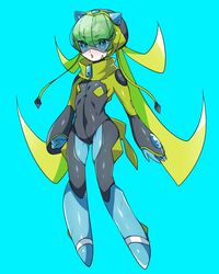  :o blue_background blue_eyes blue_footwear blue_gloves bodysuit boots breasts bright_pupils commentary_request dewpider eyes_visible_through_hair female gloves green_hair hair_between_eyes highres legs_apart long_hair long_sleeves momosiro open_mouth personification pokemon quad_tails small_breasts solo turtleneck visor zipper_pull_tab 