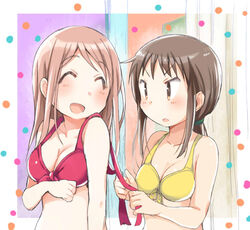  2girls :d ahoge aikawa_chiho arm_at_side bikini blush bra_strap breasts brown_eyes brown_hair cleavage commentary_request curtains dressing_another hair_tie large_breasts long_hair looking_at_another low_ponytail medium_breasts medium_hair multiple_girls okano_kei open_mouth parted_lips pink_eyes polka_dot polka_dot_background ponytail red_bikini sidelocks simple_background smile standing swept_bangs swimsuit tatsunokosso tying upper_body yellow_bikini yuri yuyushiki 