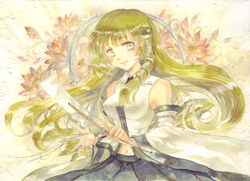  bad_id bad_pixiv_id blush breasts detached_sleeves female frog_hair_ornament gohei green_eyes green_hair hair_ornament hair_tubes keiko_(mitakarawa) kochiya_sanae long_hair medium_breasts open_mouth painting_(medium) skirt smile snake_hair_ornament solo touhou traditional_media watercolor_(medium) 