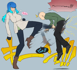  1boy ball_busting blue_eyes blue_hair bondage boots breasts cbt coat crotch_kick denim faceless faceless_male female gradient_hair high_heel_boots high_heels highres impossible_clothes jeans kicking large_breasts long_hair multicolored_hair original pain pants pantyhose ponytail sidelocks spacezin tsurime winter_clothes zoe_(spacezin) 