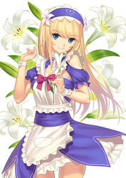  1other androgynous apron blonde_hair blue_eyes chevalier_d&#039;eon_(fate) chevalier_d&#039;eon_(maid_knight)_(fate) commentary_request dress fate/grand_order fate_(series) flower hairband lily_(flower) long_hair looking_at_viewer official_alternate_costume photoshop_(medium) simple_background smile solo tsukikanade white_background wrist_cuffs 