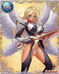  angel angel_wings armor bastard!! blonde_hair blue_eyes breasts card_(medium) feathers female holding holding_sword large_breasts legs long_hair looking_at_viewer michael_(bastard!!) mound_of_venus raised_eyebrows serious shoulder_pads simple_background solo standing sword thighs thong 