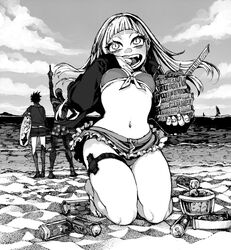  2boys bangs beach bikini blunt_bangs boku_no_hero_academia bubaigawara_jin cloud dabi_(boku_no_hero_academia) fangs female front-tie_bikini front-tie_top hair_down kneeling monochrome multiple_boys ocean open_mouth open_shirt shirt skirt smile swimsuit toga_himiko water 