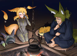  1boy absurdres anachronism animal_ears barefoot blonde_hair blue_kimono blush bodysuit boiling breasts closed_eyes commentary_request doitsuken energy_gun facial_hair female fire fox fox_ears fox_tail grey_bodysuit hand_on_own_cheek hand_on_own_face helmet highres indian_style indoors irori_(hearth) japanese_clothes jizaikagi kettle kimono looking_at_another medium_breasts moustache orange_fur orange_hair original ponytail ray_gun science_fiction seiza short_hair sitting stove sweatdrop tail teapot tears time_travel unworn_headwear unworn_helmet weapon 