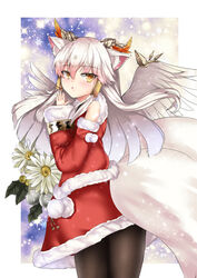  :o animal_ear_fluff animal_ears blush brown_pantyhose christmas commentary_request detached_sleeves feathered_wings female flower fur-trimmed_shirt fur-trimmed_skirt fur-trimmed_sleeves fur_trim hair_between_eyes hair_tubes head_tilt highres horns ilmina_(p&amp;d) long_hair long_sleeves looking_at_viewer looking_to_the_side multiple_tails own_hands_together pantyhose parted_lips puzzle_&amp;_dragons red_shirt red_skirt red_sleeves santa_costume setu_(shining12) shirt skirt solo tail very_long_hair white_flower white_hair white_wings wide_sleeves wings 