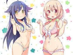  2girls :3 ahoge antenna_hair bikini blue_hair blush breasts brown_eyes brown_hair cameltoe closed_mouth commentary_request eyes_visible_through_hair hair_between_eyes hair_flaps hair_ornament hairclip hinako_note large_breasts long_hair looking_at_viewer low_twintails medium_breasts multiple_girls natsukawa_kuina navel open_mouth sakuragi_hinako scrunchie sidelocks simple_background smile standing swept_bangs swimsuit tatsunokosso twintails white_background yellow_eyes 