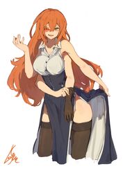  :d bare_shoulders blue_skirt breasts brown_gloves brown_thighhighs collared_shirt commentary_request contrapposto cropped_legs extra_arms female gloves hair_between_eyes hand_up high-waist_skirt highres lansane large_breasts long_hair looking_at_viewer one_eye_closed open_mouth orange_eyes orange_hair original pelvic_curtain quadriri_(lansane) scar shirt side_slit signature simple_background single_glove skirt smile solo thighhighs very_long_hair white_background wing_collar 