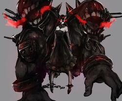  abyssal_ship bad_id bad_pixiv_id battleship_water_oni black_dress black_hair chains crossed_bangs dress female fire glowing glowing_eyes horns kantai_collection long_hair monster red_eyes single_horn solo spikes standing strapless strapless_dress turret weasel_(close-to-the-edge) 