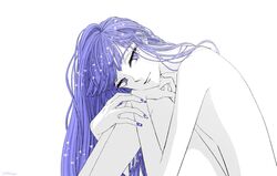  1other androgynous blue_eyes blue_hair colored_skin houseki_no_kuni hugging_own_legs knees_up kusamura_dai lapis_lazuli_(houseki_no_kuni) long_hair looking_at_viewer nude other_focus protected_link sitting solo white_background white_skin 