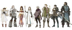  4boys 4girls alfyn_greengrass bad_link blonde_hair boots brown_hair cyrus_albright dancer earrings everyone gloves h&#039;aanit_(octopath_traveler) hair_over_one_eye hat hoop_earrings ikusy jewelry map midriff mole mole_under_mouth multiple_boys multiple_girls octopath_traveler octopath_traveler_i official_art olberic_eisenberg ophilia_clement poncho primrose_azelhart sandals scar scarf serious smile square_enix staff sword therion_(octopath_traveler) tressa_colzione weapon 