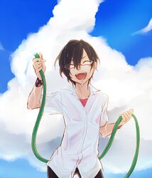  1boy black_hair closed_eyes cloud cloudy_sky commentary_request day hose idolmaster idolmaster_side-m iseya_shiki male_focus nakasaka_sakana polka_dot sky smile solo upper_body wet wristband 