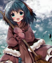  :d animal_ears bad_id bad_pixiv_id blush broom cloud commentary_request female fur_trim gloves gradient_sky green_eyes green_hair holding holding_broom kasodani_kyouko leaf long_sleeves looking_at_viewer mittens open_mouth pink_mittens puffy_sleeves short_hair sky smile solo touhou uguisu_mochi_(ykss35) 