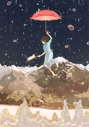  barefoot brown_hair commentary dress feline female floating gemi hand_grab holding_hands mountain night night_sky original outdoors photoshop_(medium) rain sky umbrella umbrella_riding 